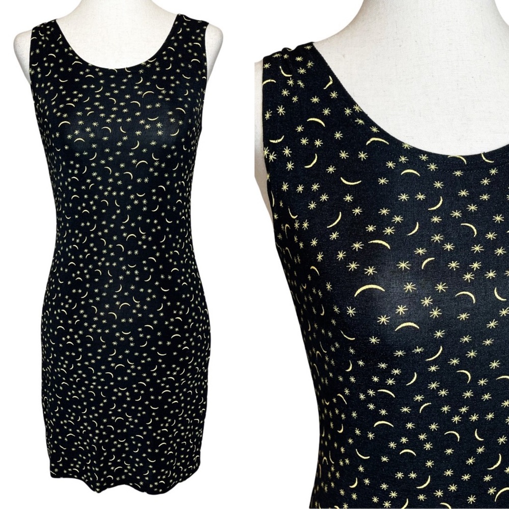 Vintage 90s Star & Moon Print Stretchy Mini Bodycon Dress